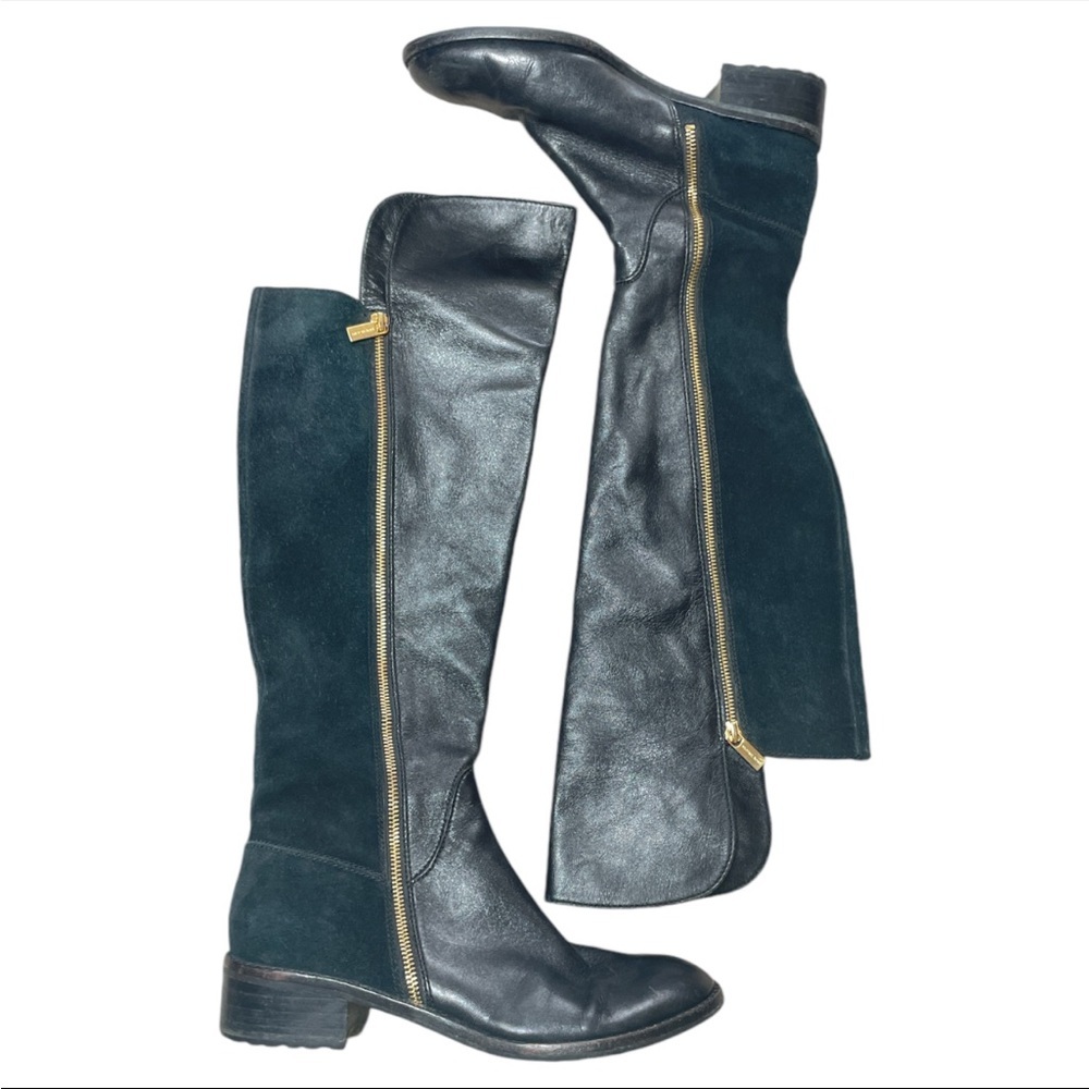 Michael Kors Womens 10M Black Leather Suede Gold Zip Riding Knee High Boots